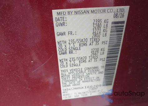 2016 Nissan Murano Platinum z USA, uszkodzony, nr VIN 5N1AZ2MH0GN166209